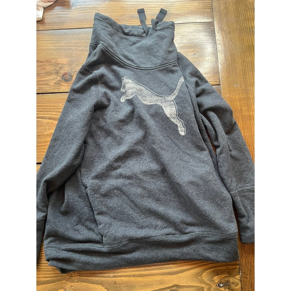 Puma Womens Funnel Neck Pullover Hoodie Dark‎ Gray Silver Distressed Logo Large